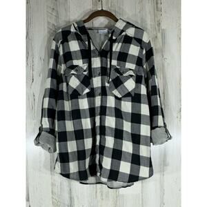 Columbia Womens Button Up Hoodie Size Large Black Buffalo Check Roll Tab Sleeves
